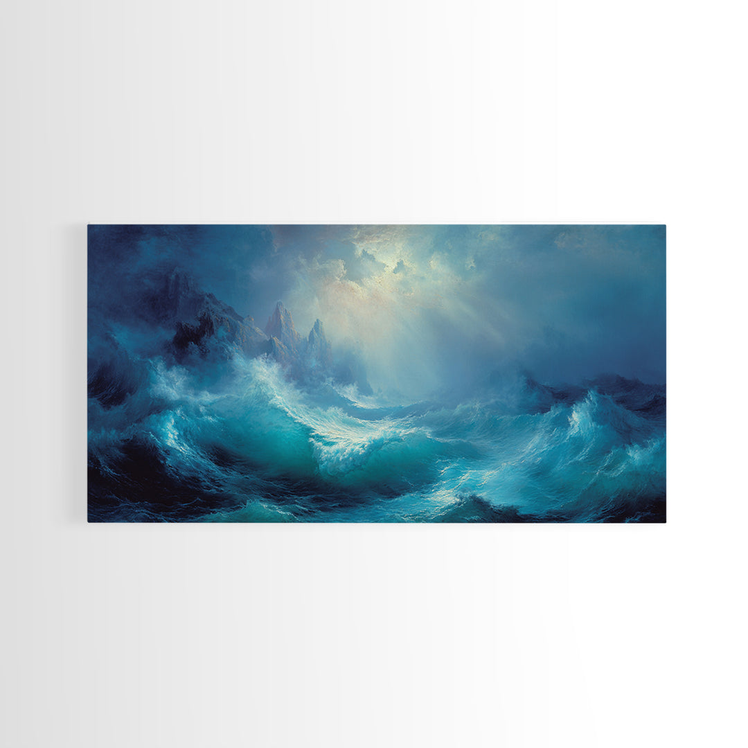 Stormy Turquoise Blue Ocean Waves Canvas Print, Dramatic Seascape Wall Decor, Coastal Landscape Art For Living Room Decor