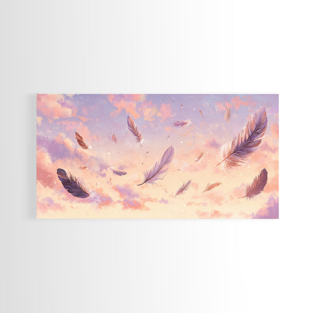Floating Feathers Canvas Print, Pastel Sunset Sky Wall Art, Dreamy Celestial Decor, Soft Boho Bedroom Wall Decor, Gift For Her