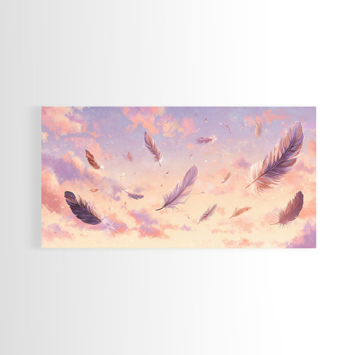 Floating Feathers Canvas Print, Pastel Sunset Sky Wall Art, Dreamy Celestial Decor, Soft Boho Bedroom Wall Decor, Gift For Her