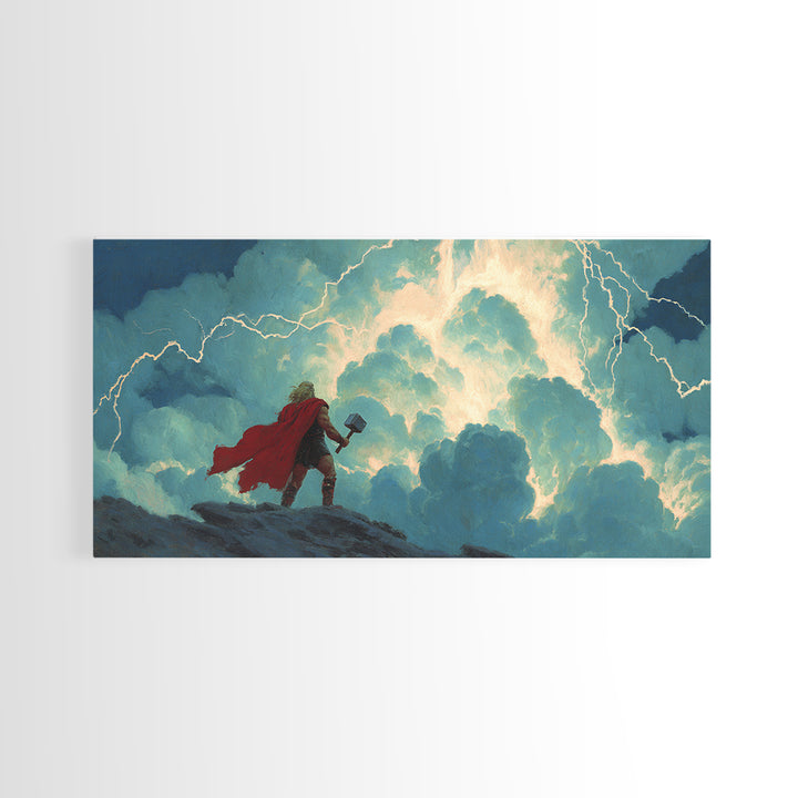 Norse Thunder God With Hammer Wall Art, Lightning Storm Mythology Canvas Decor, Viking Fantasy Print For Game Room Decor