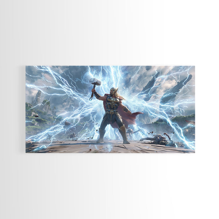 Epic Fantasy Artwork Of Thunder God Wielding Hammer Lightning Storm Detailed Surreal Wall Art Canvas Print