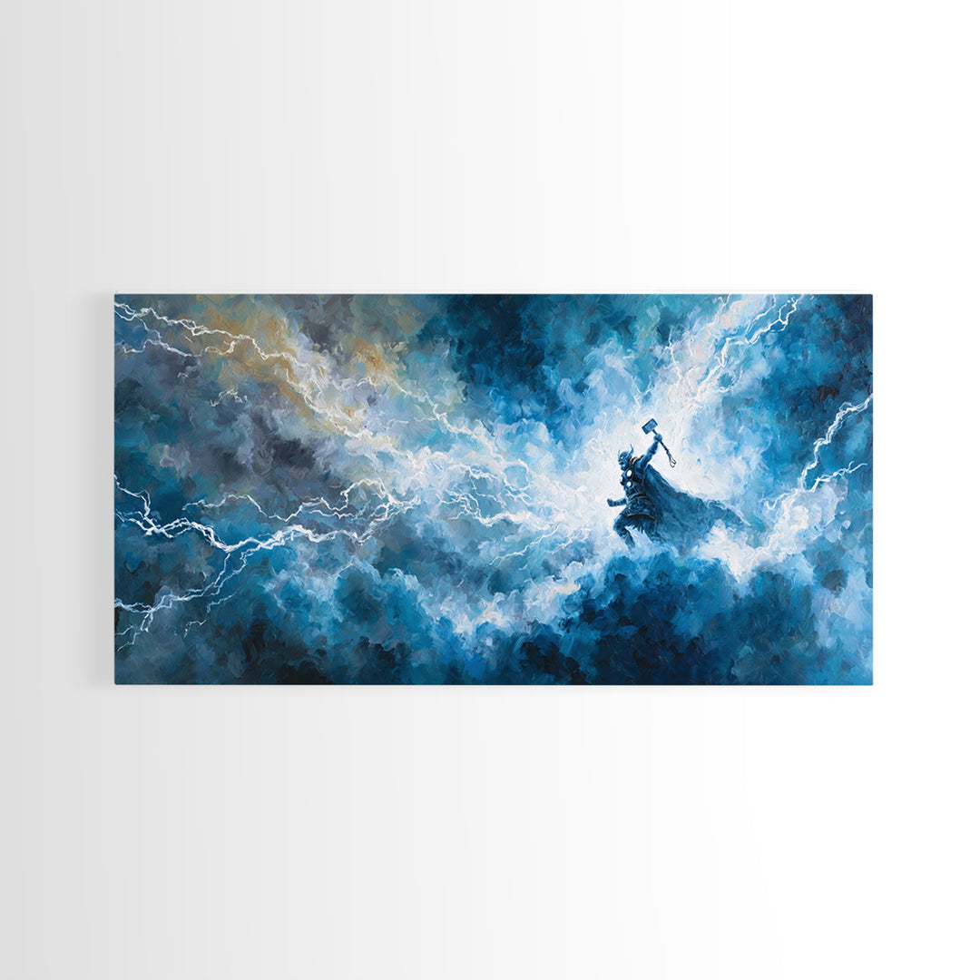 Thunder God In Lightning Storm Canvas Print Epic Fantasy Wall Art, Blue Mythology Home Decor, Viking Inspired Gift For Him