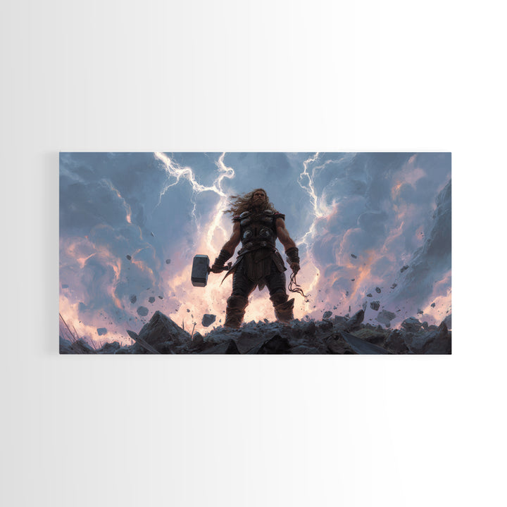 Thunder God Warrior With Hammer And Lightning Wall Art, Mythological Fantasy Canvas Print, Dramatic Storm Decor Gift For Him