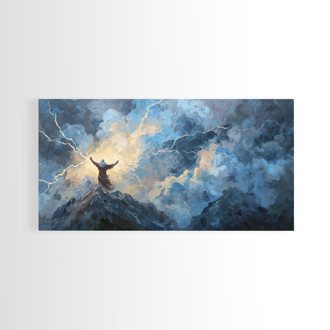 Storm Figure On Mountain Peak Canvas Print Lightning Sky Wall Art, Mythological Fantasy Landscape For Dramatic Home Decor