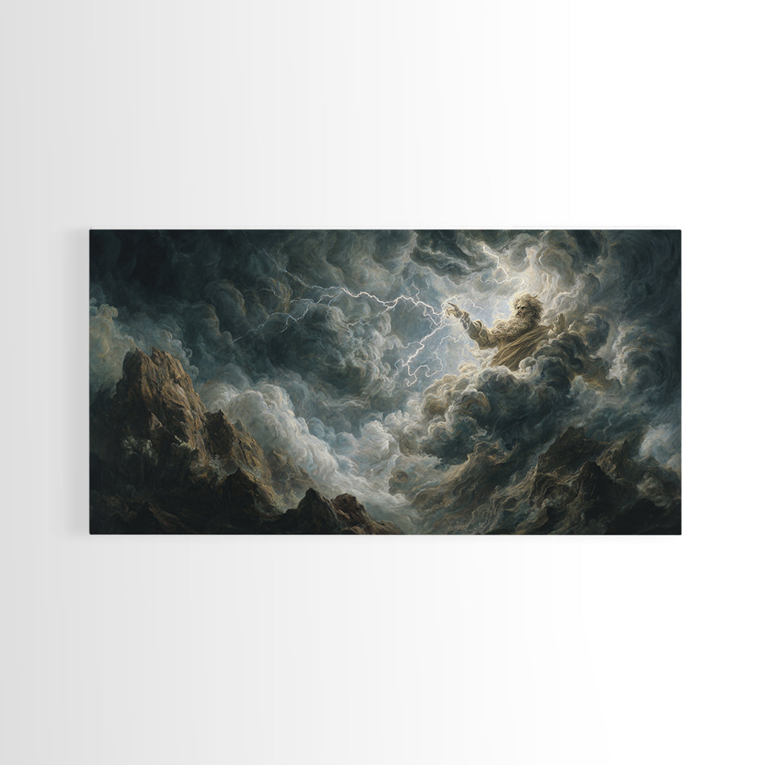 Stormy Divine Figure In Lightning Clouds Wall Art, Dramatic Mythological Canvas Print For Moody Gothic Home Decor And Fantasy Art