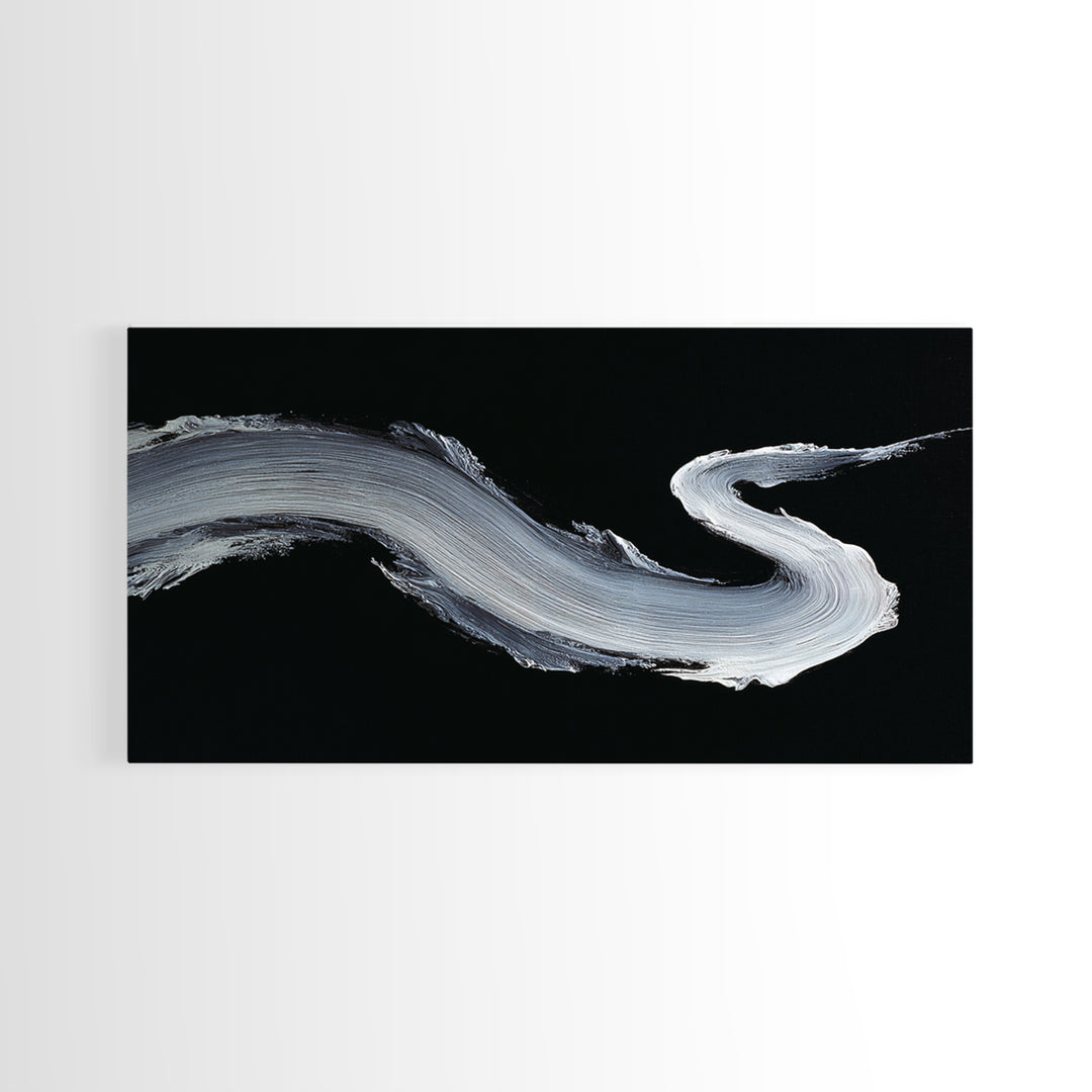 Abstract Bold White Brushstroke On Black Background Modern Wall Art, Canvas Print For Contemporary Home Decor And Office Decoration