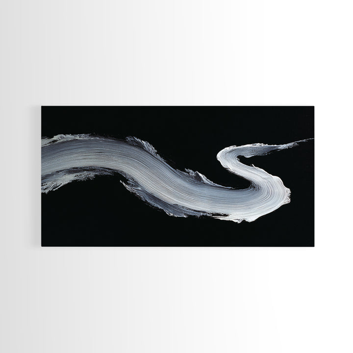 Abstract Bold White Brushstroke On Black Background Modern Wall Art, Canvas Print For Contemporary Home Decor And Office Decoration
