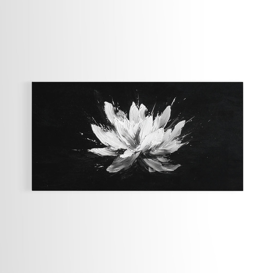 Abstract White Flower On Black Background Minimalist Wall Art Modern Home Decor Canvas Print For Living Room And Bedroom