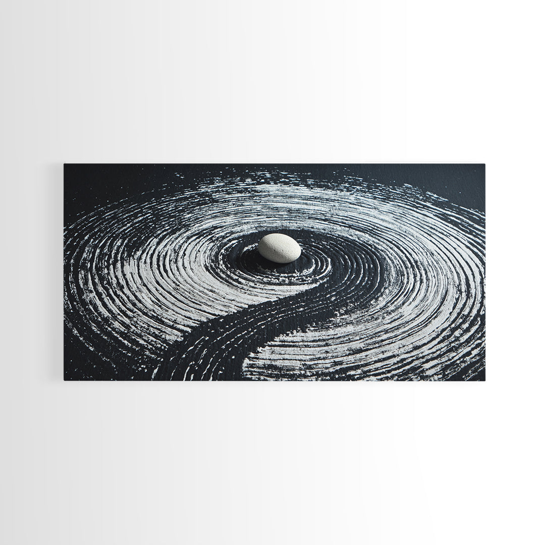 Zen Garden White Stone With Spiral Raked Sand Minimalist Black And White Wall Art Canvas Print
