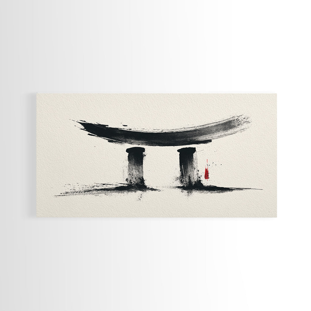 Minimalist Abstract Black Ink Calligraphy Inspired Wall Art Featuring Stylized Traditional Japanese Torii Gate In Ink Wash Style Framed Canvas Print