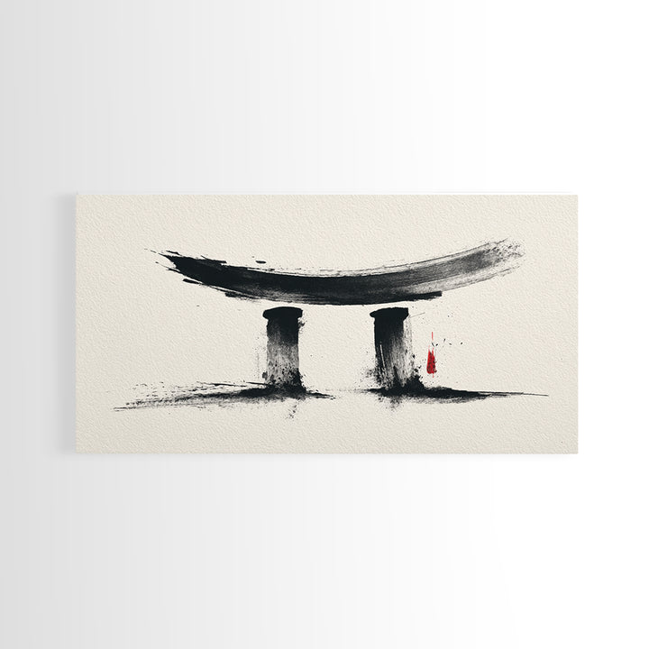 Minimalist Abstract Black Ink Calligraphy Inspired Wall Art Featuring Stylized Traditional Japanese Torii Gate In Ink Wash Style Framed Canvas Print