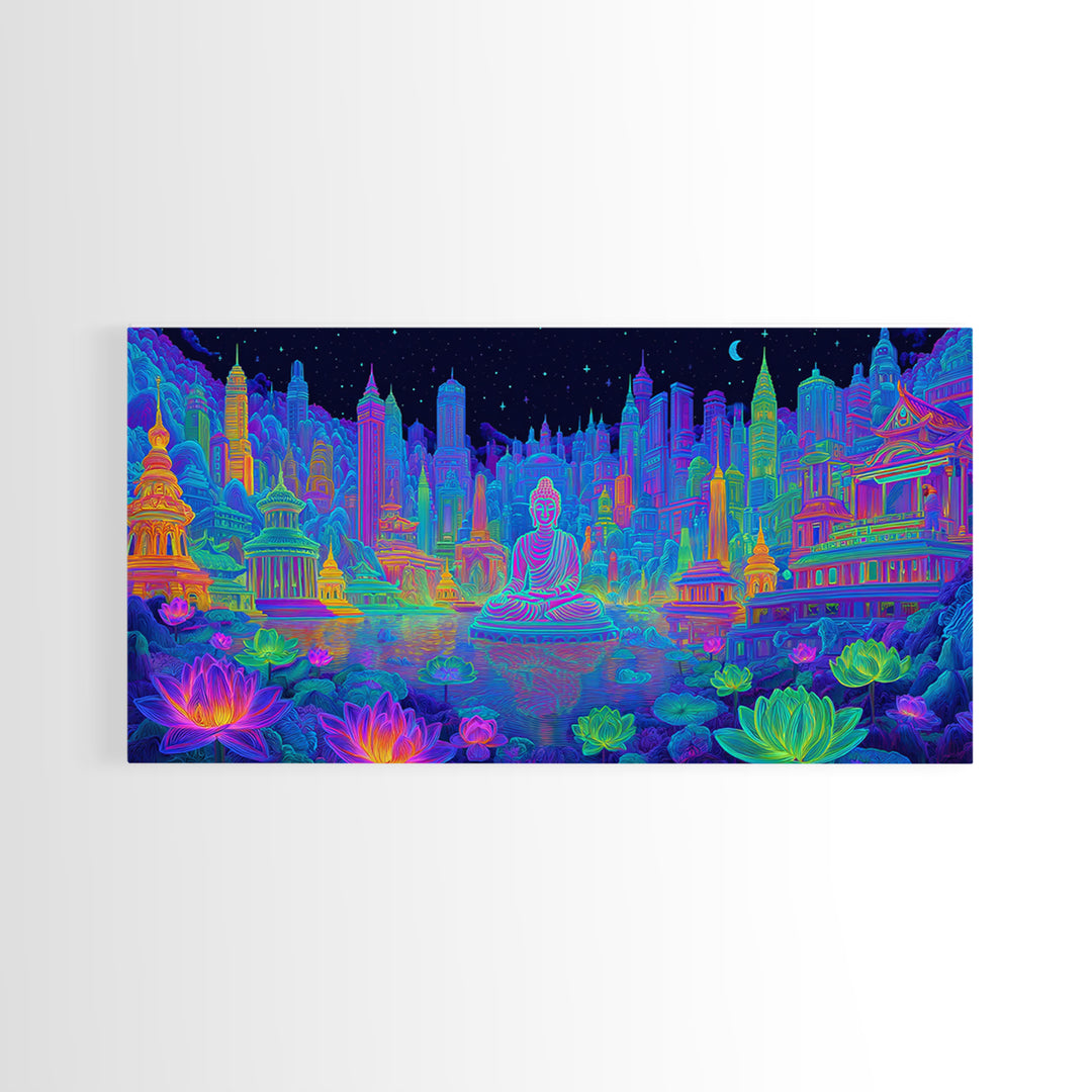 Vibrant Neon Cityscape With Buddha Statue And Lotus Flowers Modern Wall Art Colorful Spiritual Canvas Print