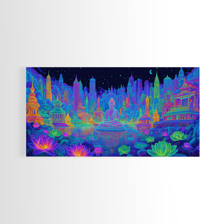 Vibrant Neon Cityscape With Buddha Statue And Lotus Flowers Modern Wall Art Colorful Spiritual Canvas Print