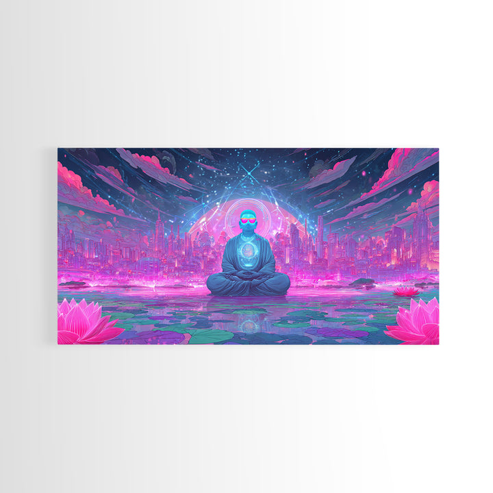 Futuristic Meditating Figure With Neon Cityscape Abstract Wall Art Framed Canvas Print For Office And Living Room