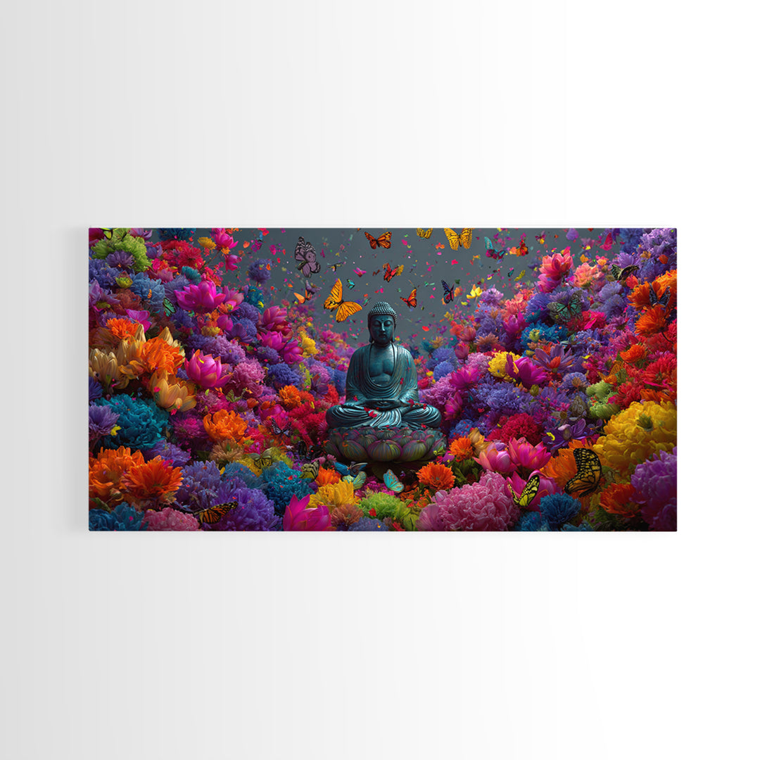 Meditative Buddha Statue Surrounded By Colorful Flowers And Butterflies Contemporary Wall Art Framed Canvas Print