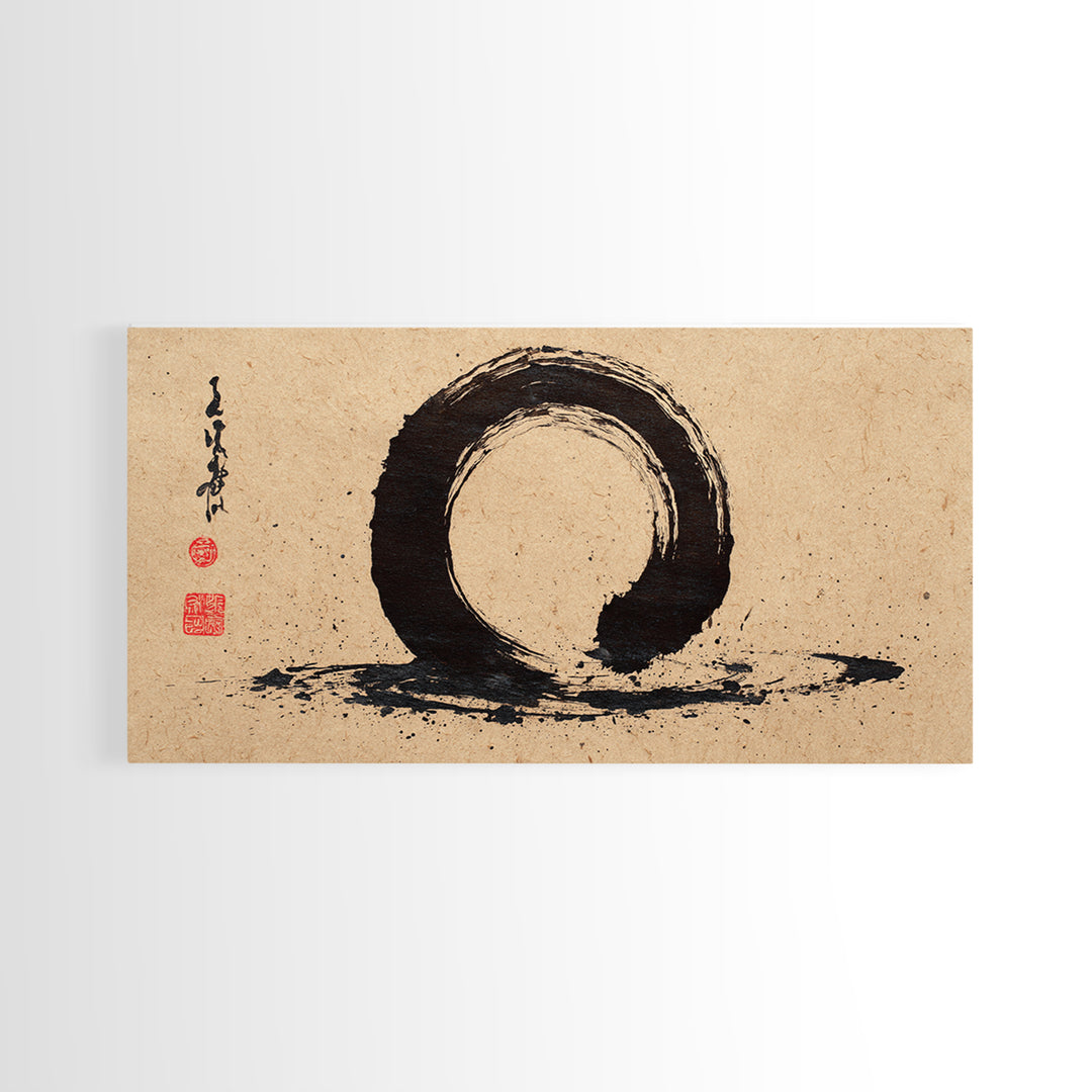 Minimalist Black Ink Enso Circle Painting On Textured Paper Modern Abstract Wall Art Framed Canvas Print For Contemporary Home Decor