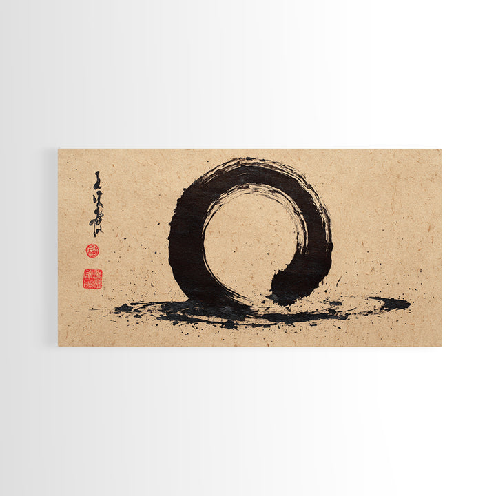 Minimalist Black Ink Enso Circle Painting On Textured Paper Modern Abstract Wall Art Framed Canvas Print For Contemporary Home Decor
