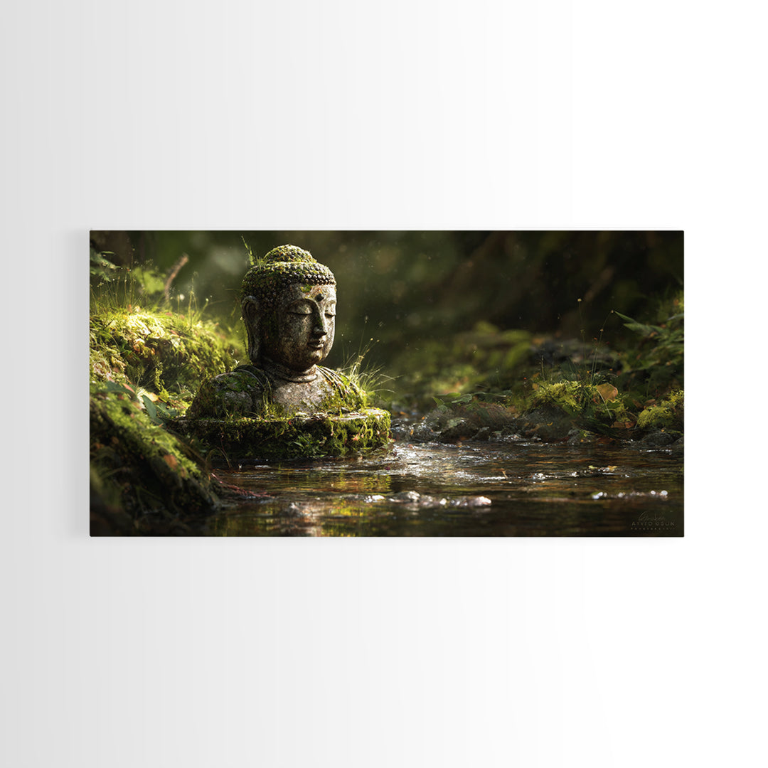 Serene Buddha Statue In Mossy Forest Water Reflection Wall Art Framed Canvas Print For Spa Zen Home Decor