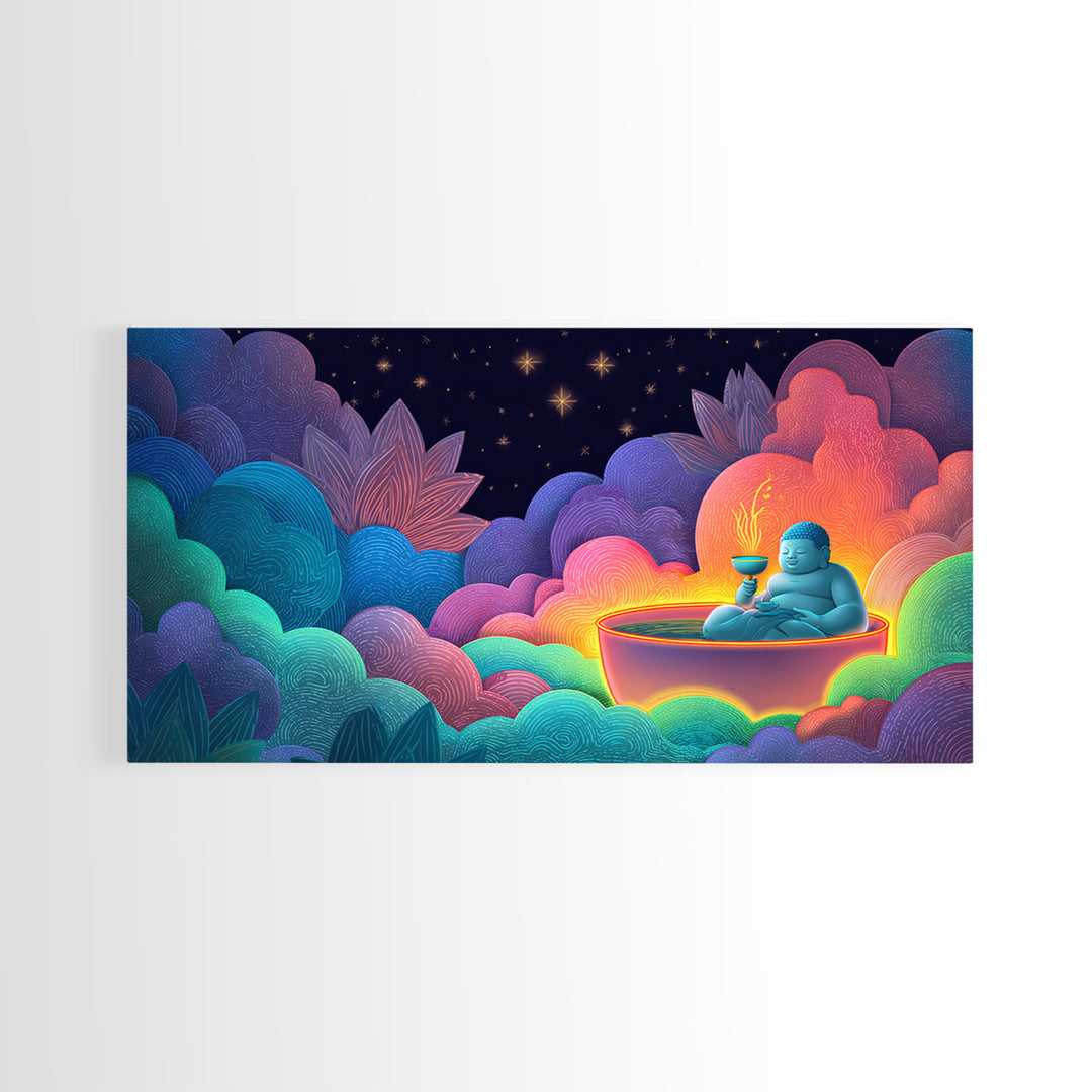 Colorful Vibrant Buddha With Neon Aura And Dynamic Clouds Spiritual Wall Art For Meditation Room And Yoga Studio Canvas Print