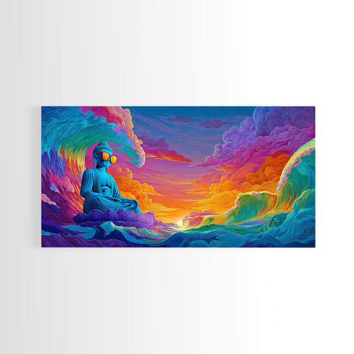 Vibrant Ocean Waves And Blue Buddha Sunset Landscape Wall Art Canvas Print For Relaxing Home Decor And Living Room