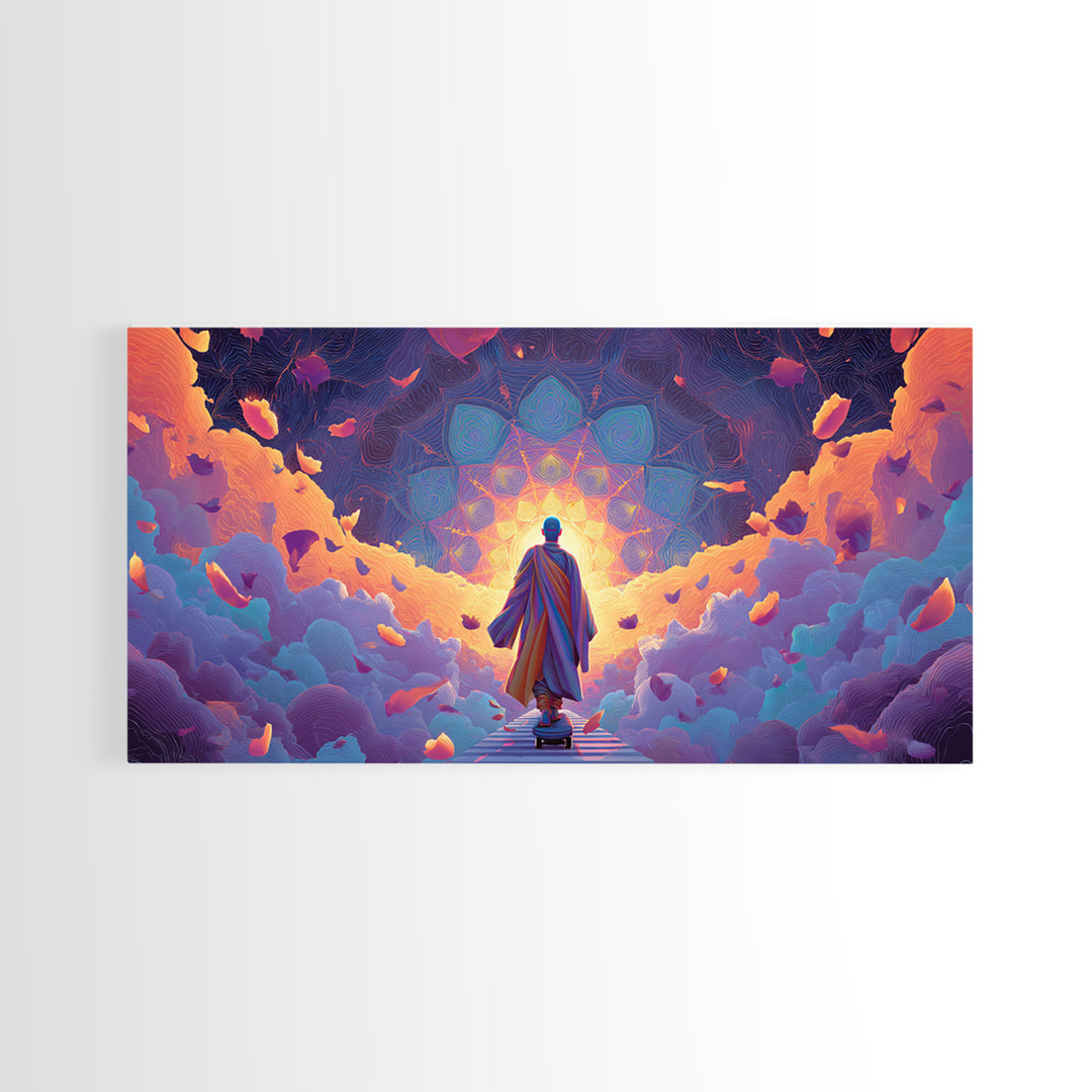 Mystical Monk Walking On Path Surrounded By Glowing Petals Spiritual Canvas Print Meditative Wall Art For Home Decor