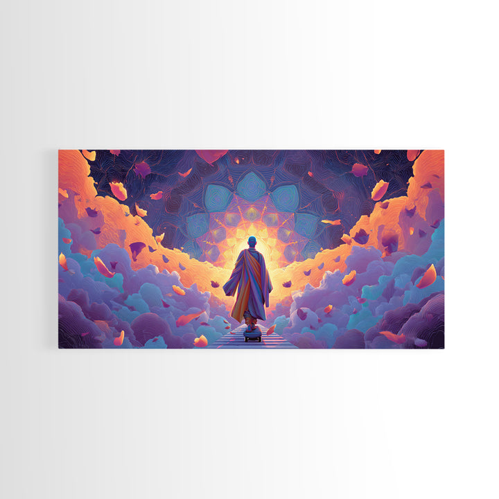 Mystical Monk Walking On Path Surrounded By Glowing Petals Spiritual Canvas Print Meditative Wall Art For Home Decor