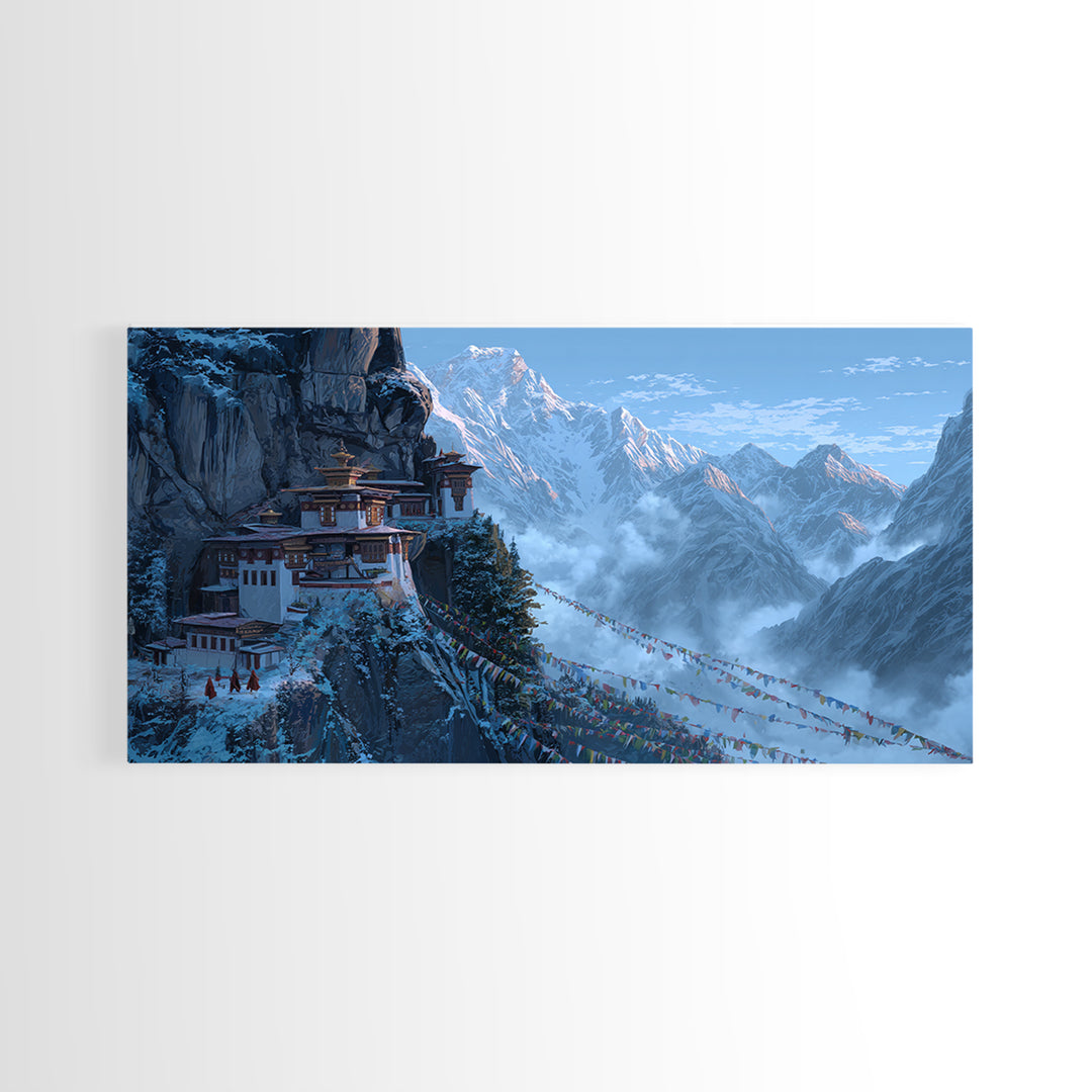 Snowy Mountain Monastery Landscape With Prayer Flags Serene Nature Scene Wall Art Framed Canvas Print For Meditation Room Decor