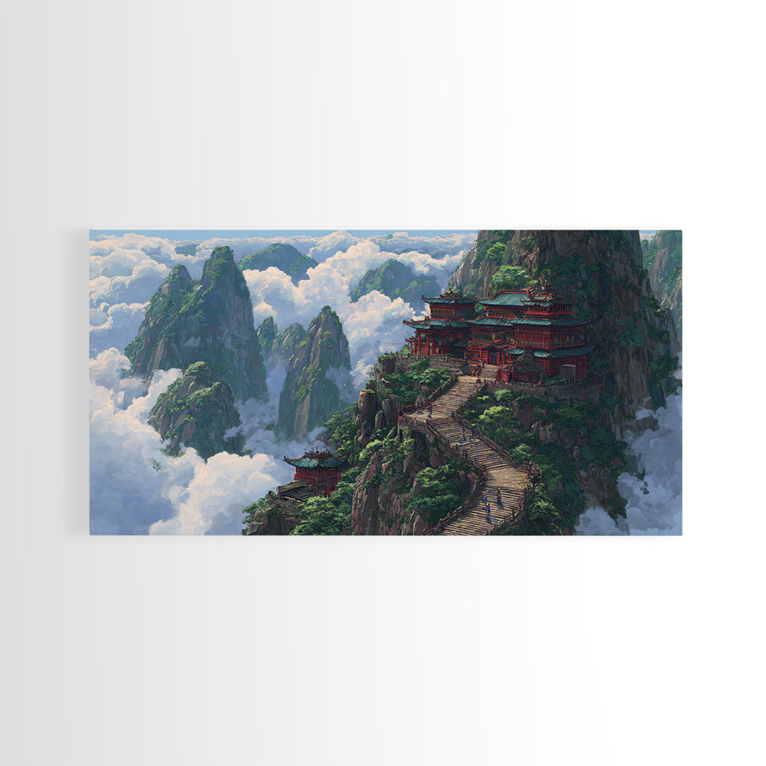 Scenic Traditional Asian Mountain Temple Landscape Painting Framed Canvas Print, Large Wall Art For Living Room Decor And Housewarming Gift