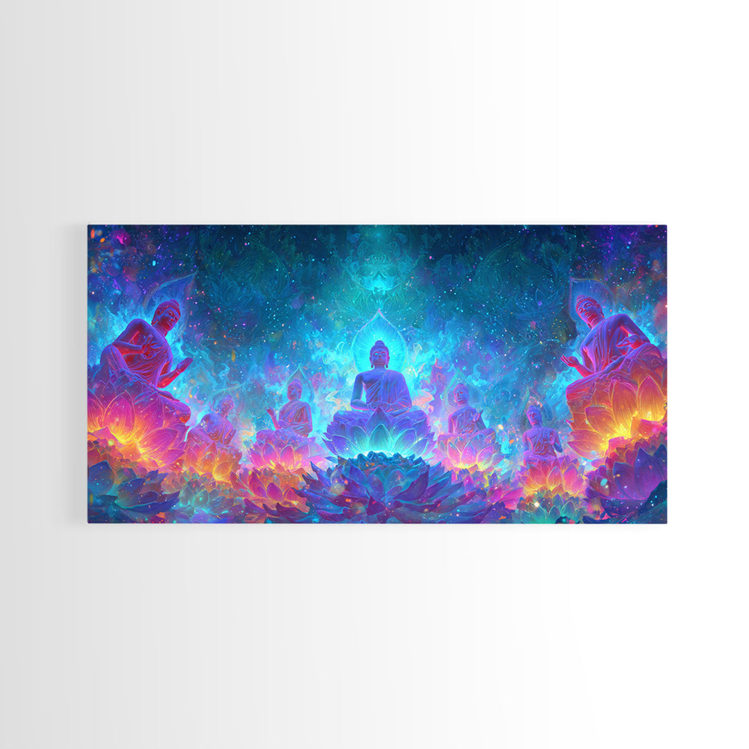 Mystical Buddha Statues Surrounded By Vibrant Lotus Flowers Spiritual Wall Art For Yoga Room Decor Canvas Print