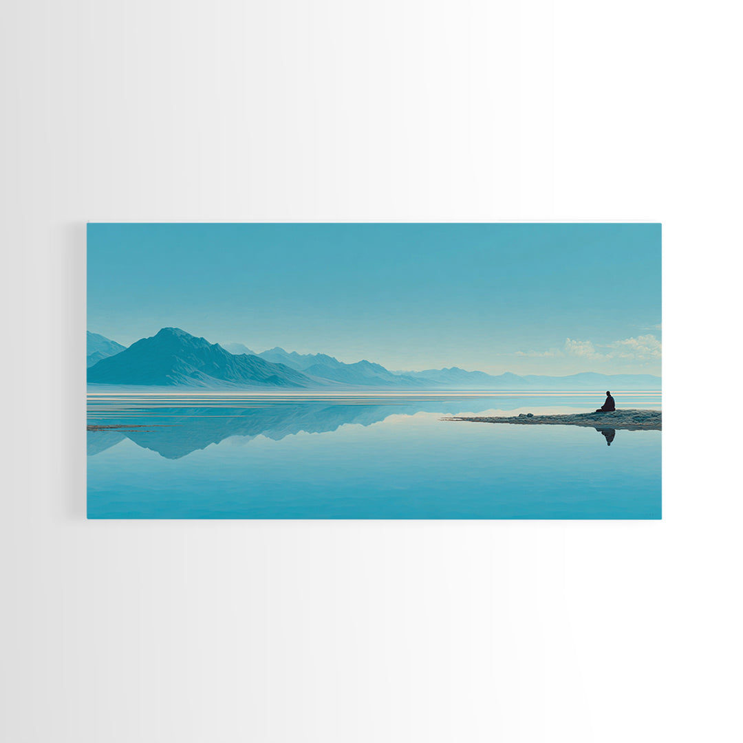 Tranquil Meditation Scene On Lake With Person Sitting Calm Water And Mountains Framed Canvas Print Zen Wall Art For Home Decor