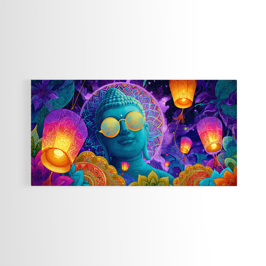 Colorful Buddha Statue With Lanterns And Floral Mandala Neon Art Print Modern Spiritual Wall Art Framed Canvas Print