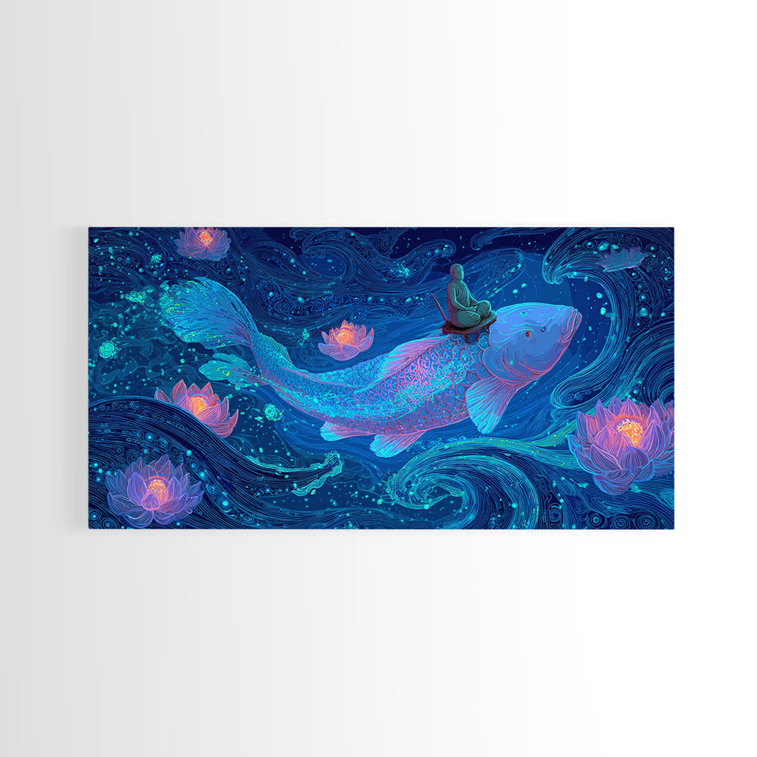 Magical Koi Fish Swimming Among Lotus Flowers In Blue Water Contemporary Wall Art Canvas Print For Zen Home Decor And Spa Rooms