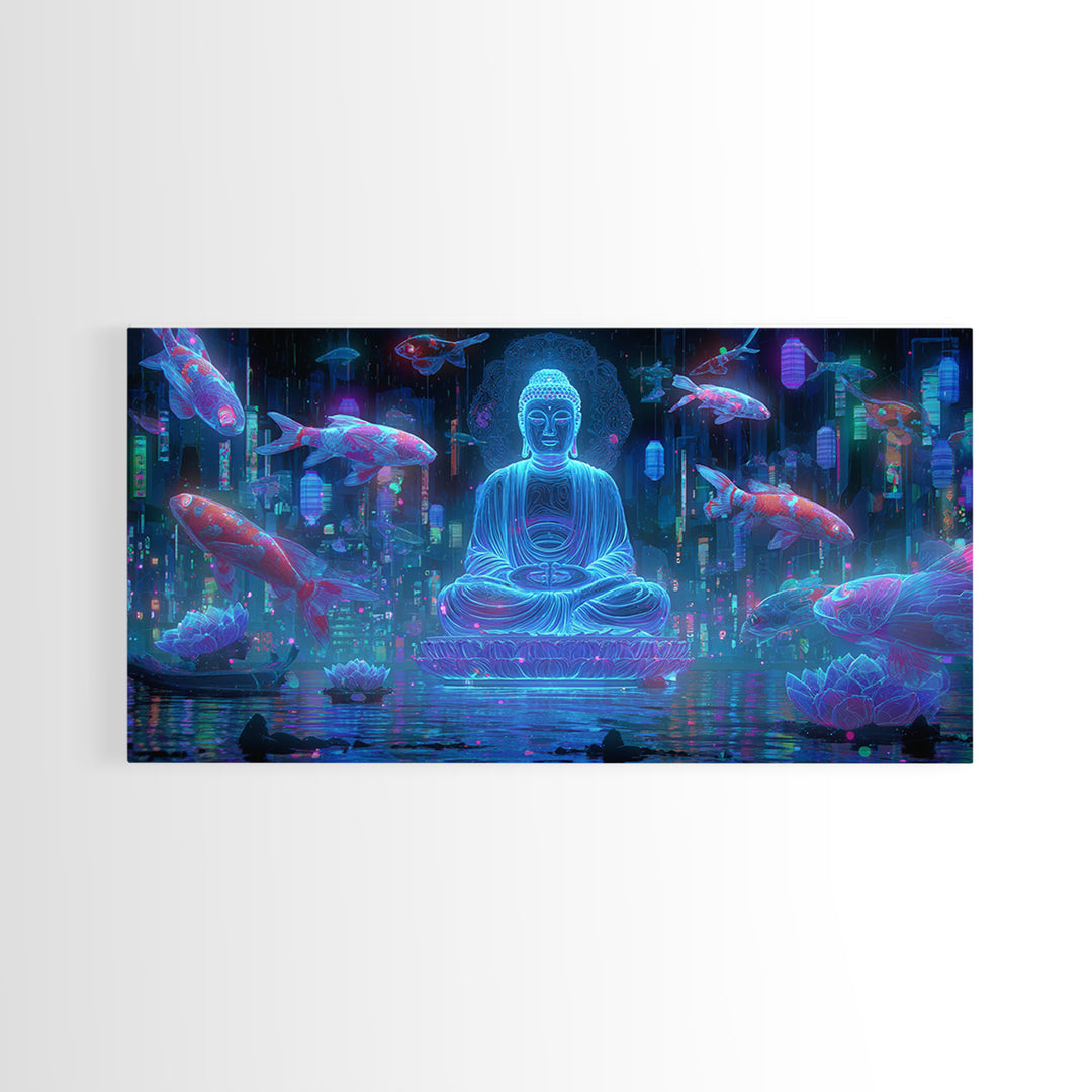 Mystical Neon Buddha Sitting With Koi Fish In Cyber Water Garden Wall Art Digital Canvas Print For Modern Home Decor