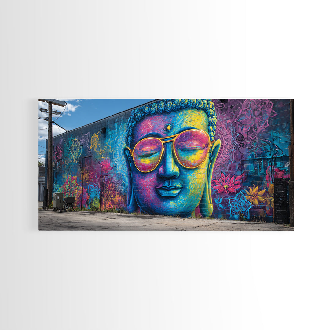 Colorful Graffiti Mural Of Buddha Wearing Sunglasses Vibrant Street Art Wall Art Framed Canvas Print