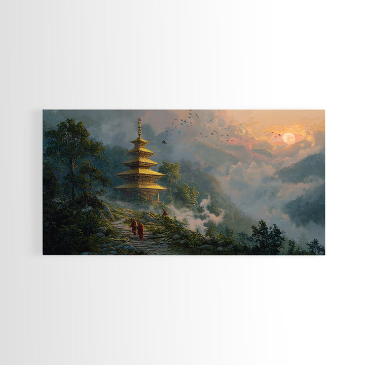 Serene Mystic Temple Amidst Lush Nature With Rising Sun Landscape Wall Art, Original Painting, Zen Home Decor Framed Canvas Print