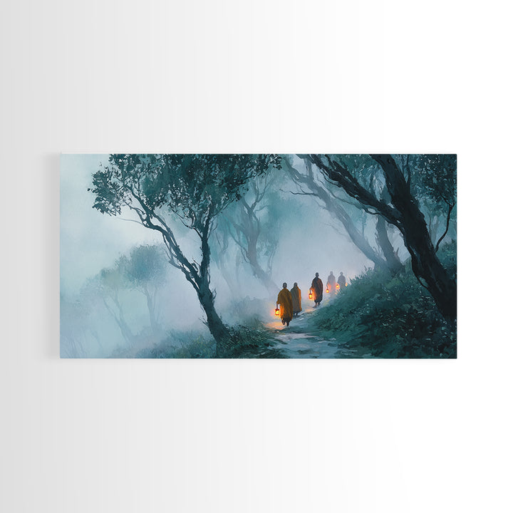 Mystical Monks Walking With Lanterns Through Foggy Forest Trail Wall Art Framed Canvas Print For Tranquil Home Decor