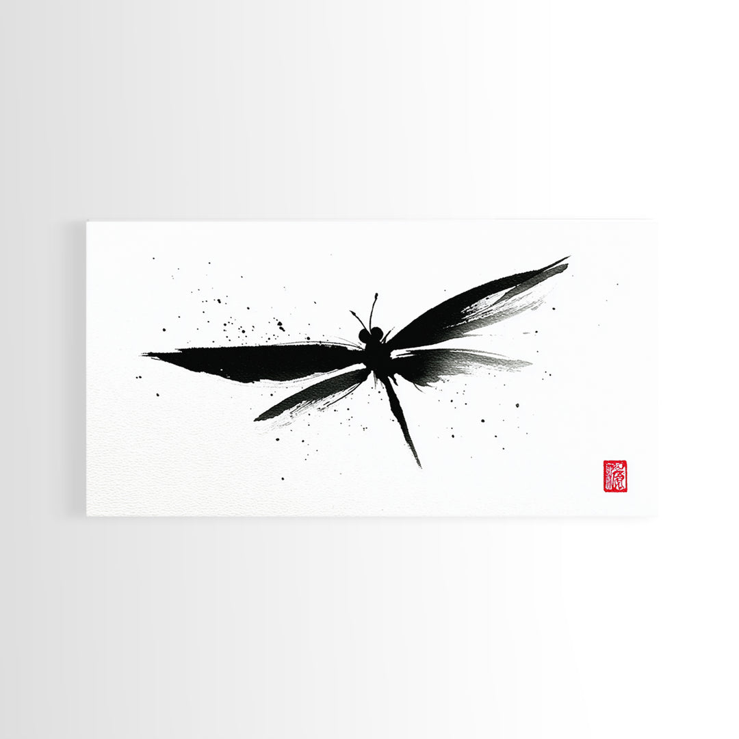 Zen Brush Stroke Dragonfly Japanese Ink Painting Minimalist Black And White Wall Art For Modern Home Decor Canvas Print