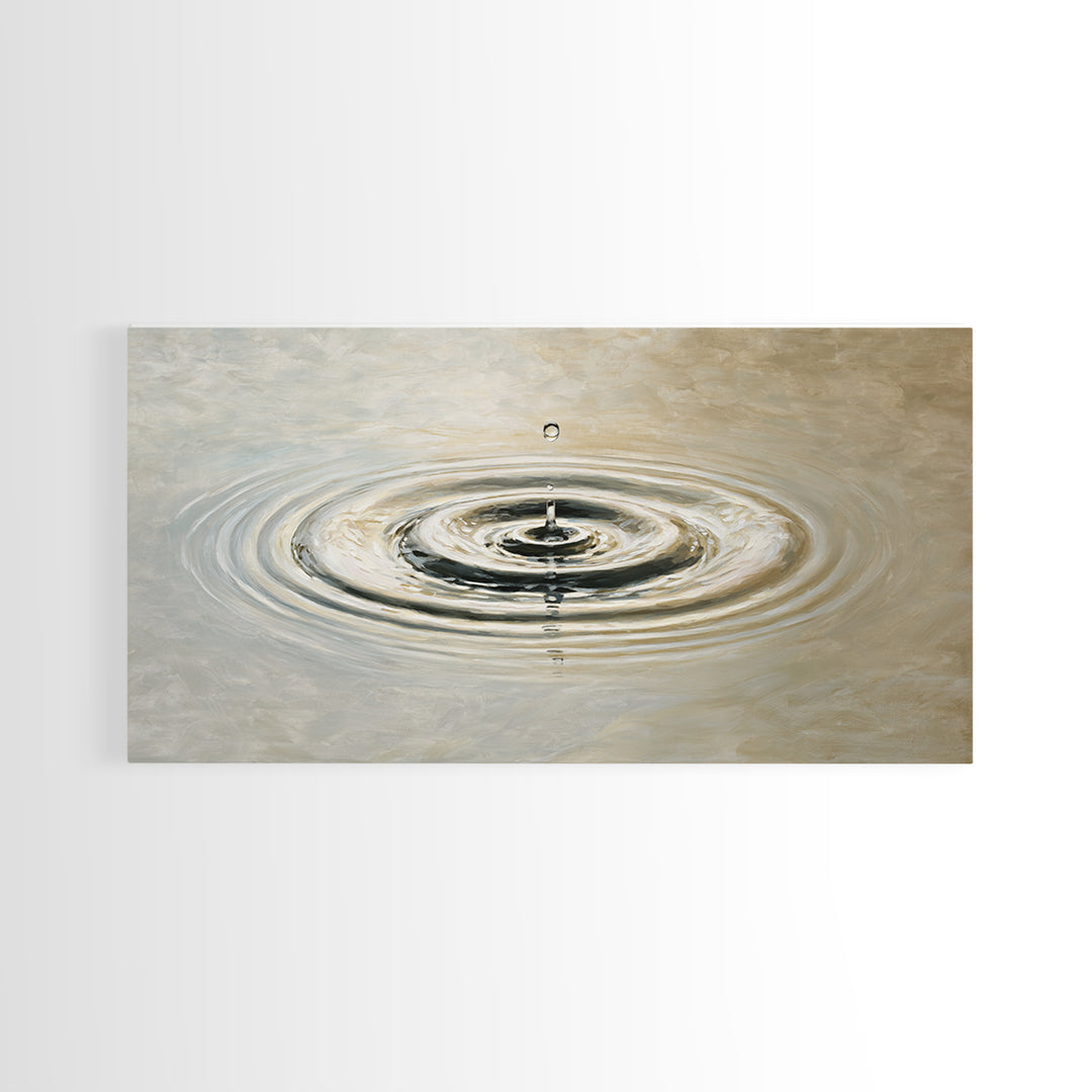 Hyperrealistic Water Drop Ripples Painting, Neutral Wall Art Framed Canvas Print For Modern Living Room Decor And Meditation Space