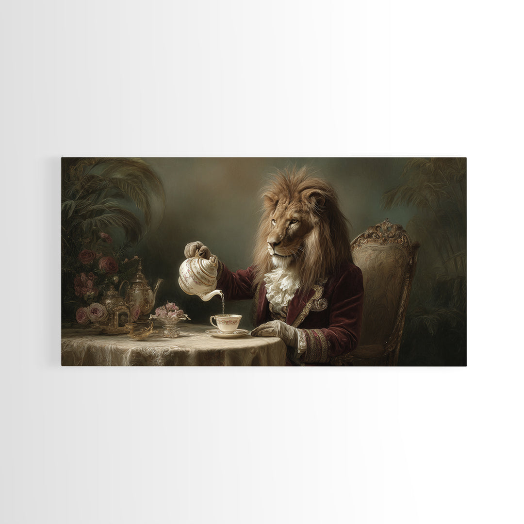 Regal Lion Having Afternoon Tea Wall Art, Whimsical Animal Canvas Print, Funny Bathroom Decor, Unique Gift For Her, Quirky Wall Decor