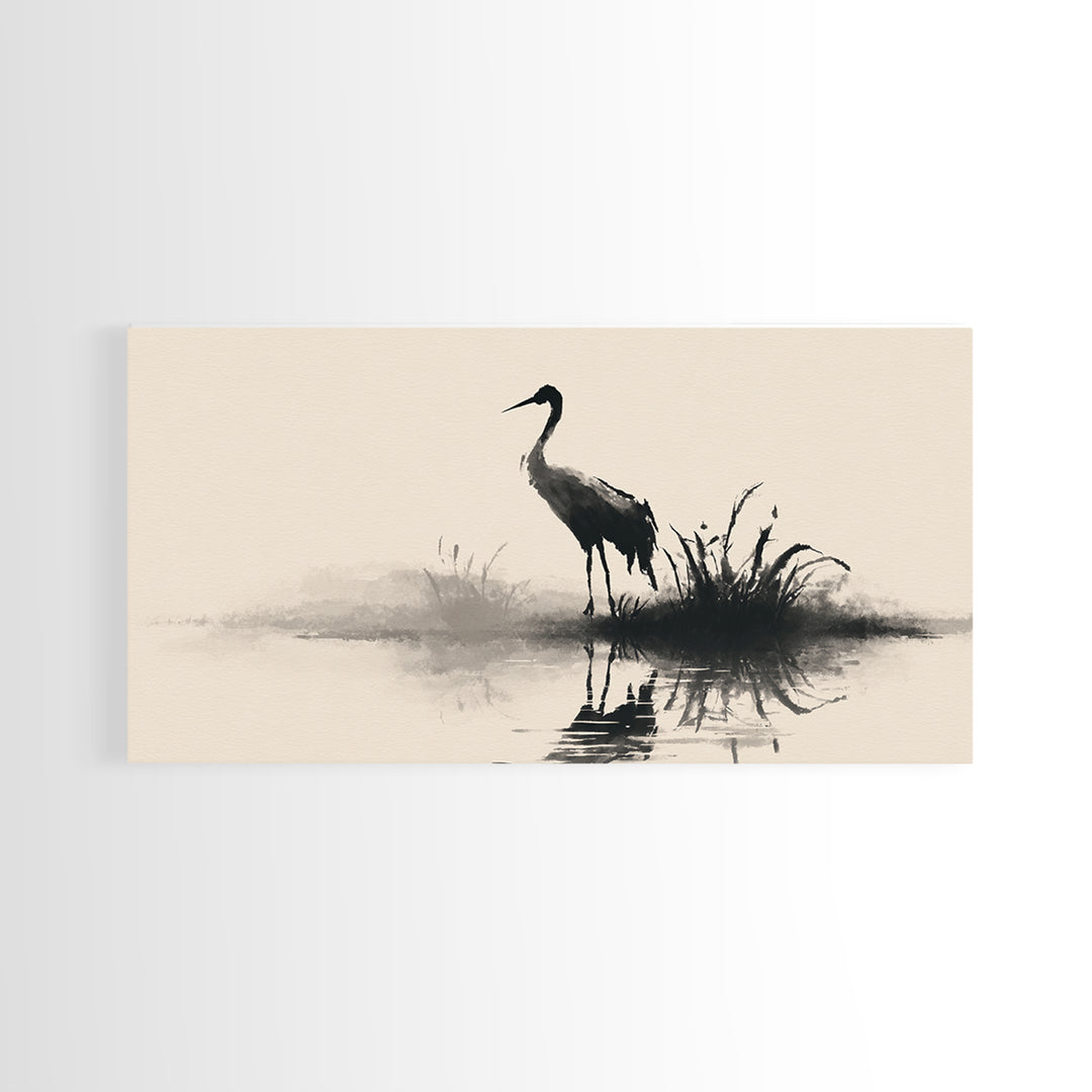 Elegant Black Crane Silhouette Reflecting Over Calm Water Minimalist Wall Art Framed Canvas Print For Home Decor
