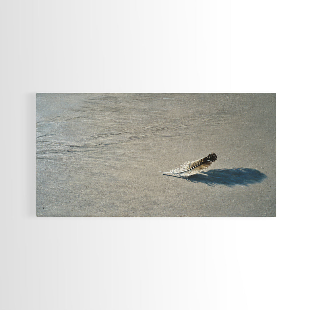 Delicate Single Feather With Realistic Shadow In Soft Beige Canvas Print For Elegant Wall Art Home Decor