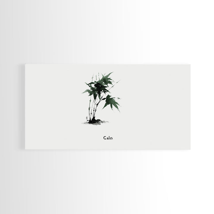 Minimalist Japanese Ink Painting Of Green Maple Leaves Calm Nature Wall Art Framed Canvas Print For Zen Home Decor