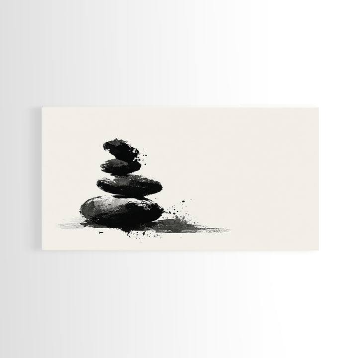 Minimalist Black And White Zen Stones Abstract Painting Wall Art Framed Canvas Print For Modern Home Decor