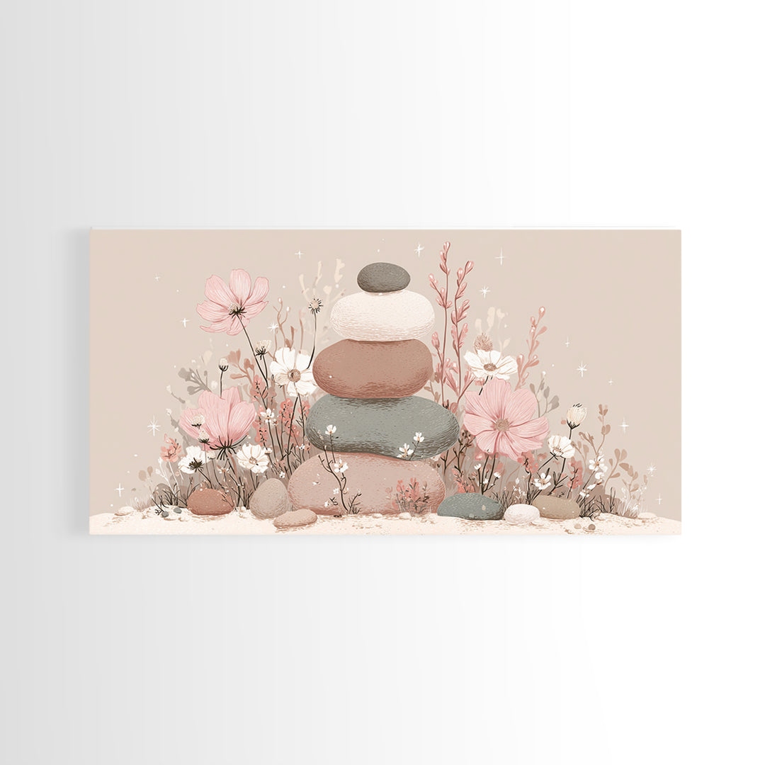 Stacked Zen Stones Wall Art, Pink Floral Spa Decor, Wabi Sabi Neutral Home Decor, Calming Bathroom Meditation Canvas Print