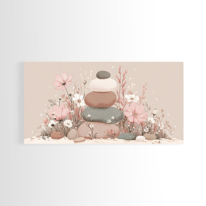 Stacked Zen Stones Wall Art, Pink Floral Spa Decor, Wabi Sabi Neutral Home Decor, Calming Bathroom Meditation Canvas Print