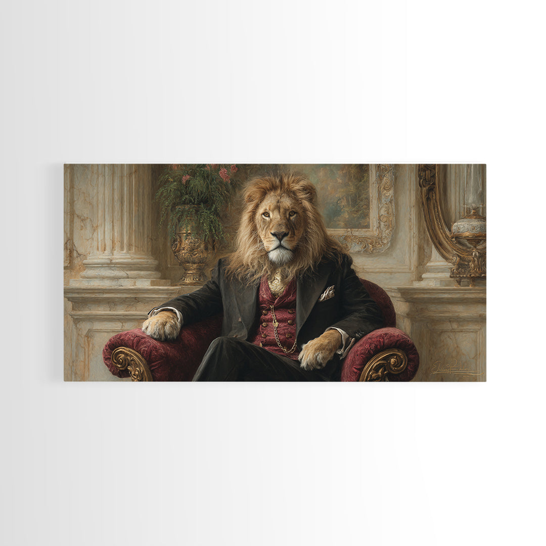 Regal Lion In Velvet Armchair Wall Art, Victorian Animal Portrait, Luxury Home Decor, Moody Living Room Art, Gift For Him