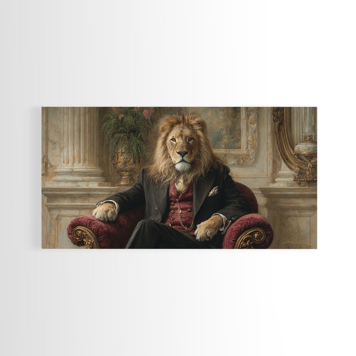 Regal Lion In Velvet Armchair Wall Art, Victorian Animal Portrait, Luxury Home Decor, Moody Living Room Art, Gift For Him