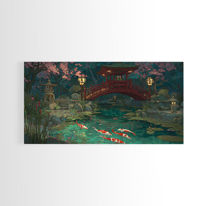 Peaceful Japanese Garden Pond With Koi Fish And Traditional Bridge Painting, Serene Wall Art, Framed Canvas Print For Zen Home Decor