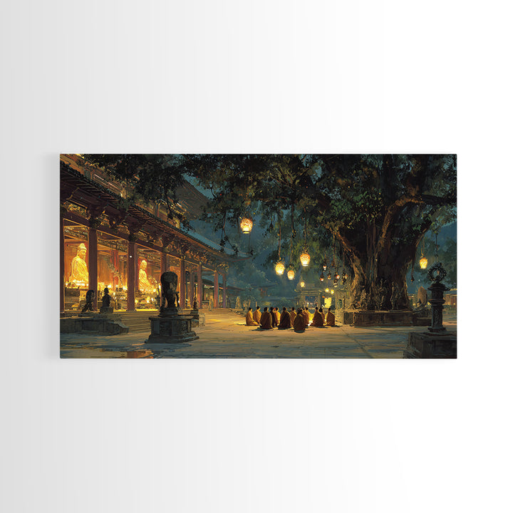 Serene Buddhist Monks Meditating Under Ancient Tree At Temple Warm Glowing Lights Wall Art Framed Canvas Print For Spiritual Home Decor