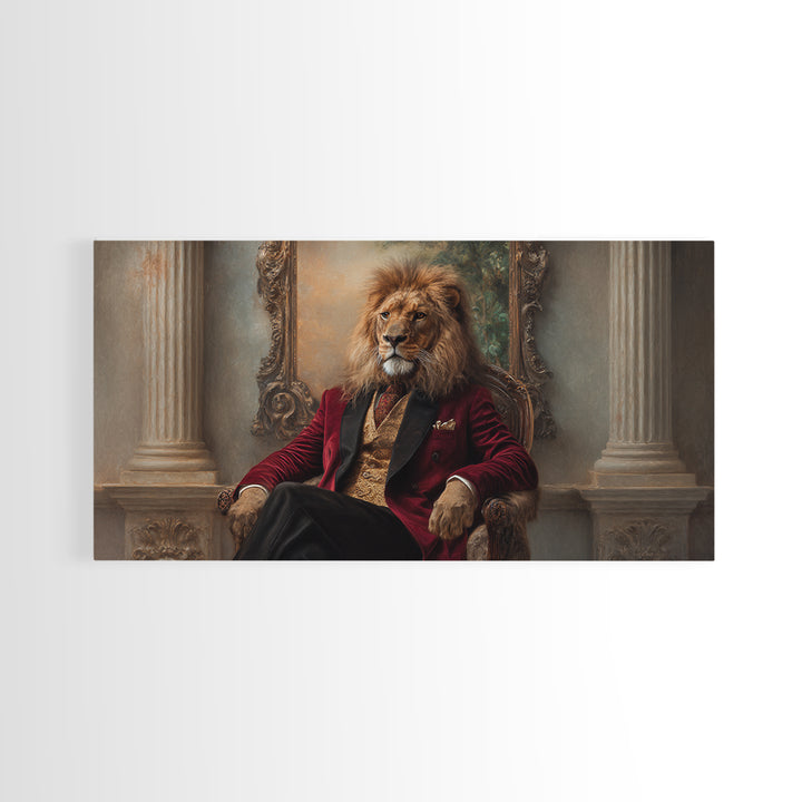 Lion King In Red Velvet Suit Canvas Print, Regal Animal Wall Art, Victorian Portrait, Masculine Office Decor, Gift For Him